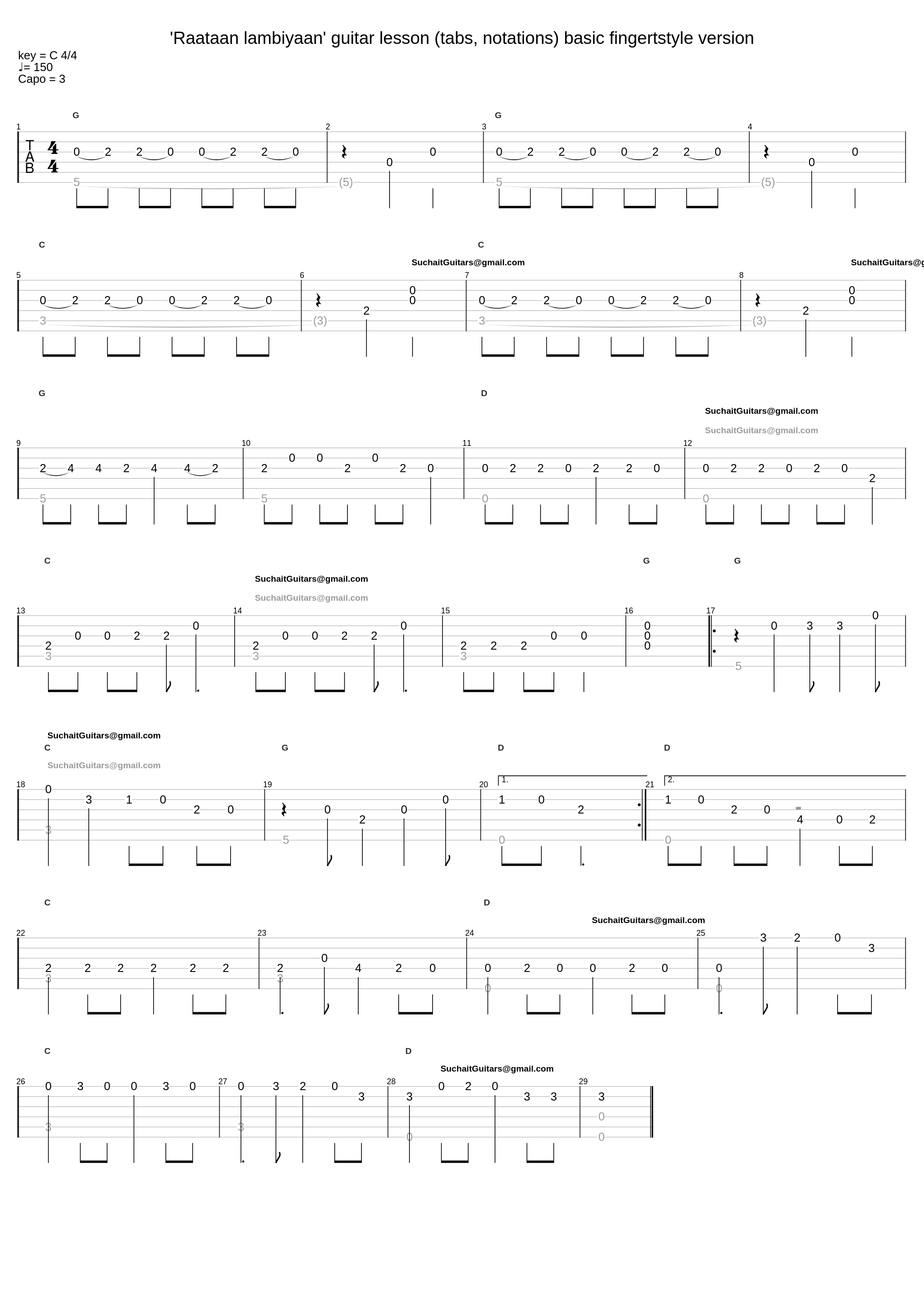 'Raataan lambiyaan' guitar lesson (tabs, notations) basic fingertstyle version_Suchaitguitars@Gmail.Com_1