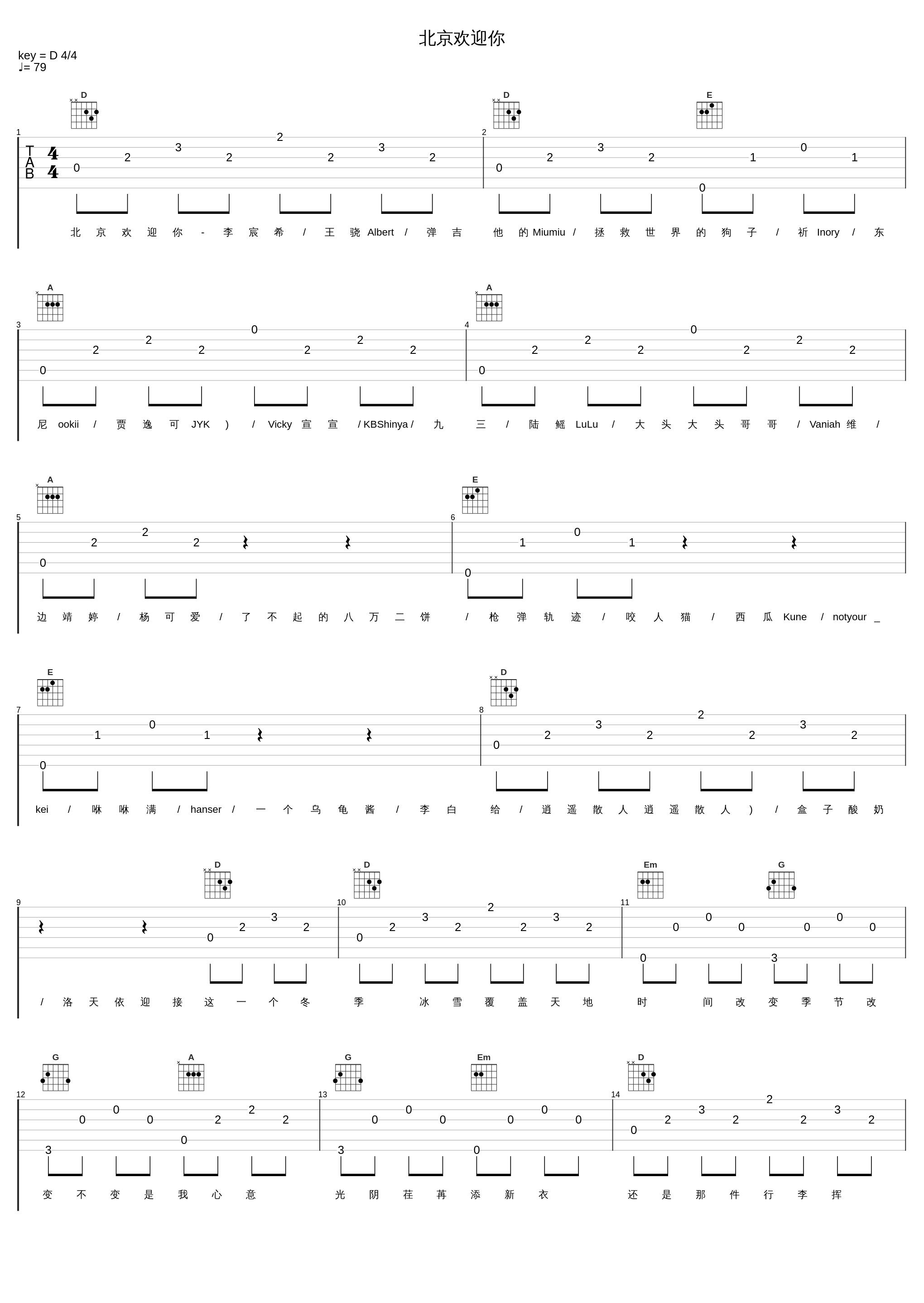 北京欢迎你_李宸希,王骁Albert,弹吉他的Miumiu,拯救世界的狗子,祈Inory,东尼ookii,贾逸可,Vicky宣宣,KBShinya,九三,陆鳐LuLu,大头大头哥哥,Vaniah维,边靖婷,杨可爱,了不起的八万二饼,枪弹轨迹,咬人猫,西瓜Kune,notyour_kei,咻咻满,hanser,一个乌龟酱,李白给,逍遥散人,盒子酸奶,洛天依_1