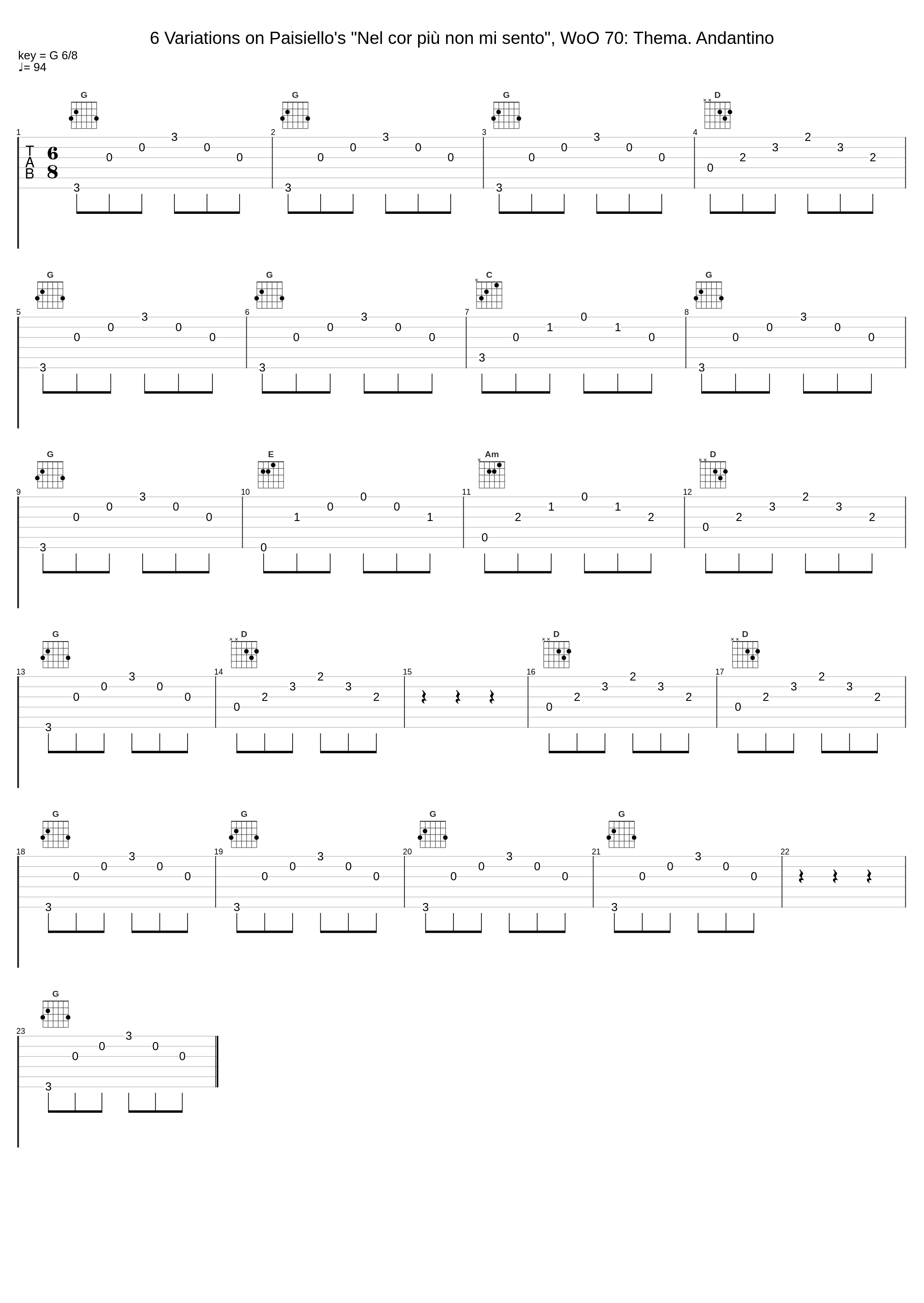 6 Variations on Paisiello's "Nel cor più non mi sento", WoO 70: Thema. Andantino_Giuseppe Bruno_1