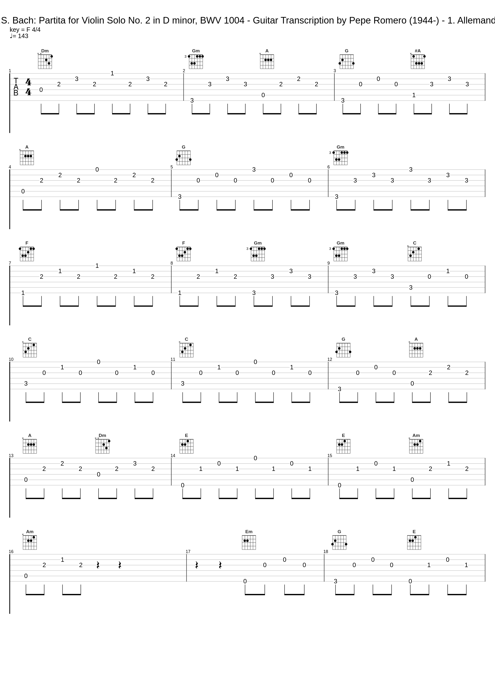 J.S. Bach: Partita for Violin Solo No. 2 in D minor, BWV 1004 - Guitar Transcription by Pepe Romero (1944-) - 1. Allemande_Pepe Romero_1