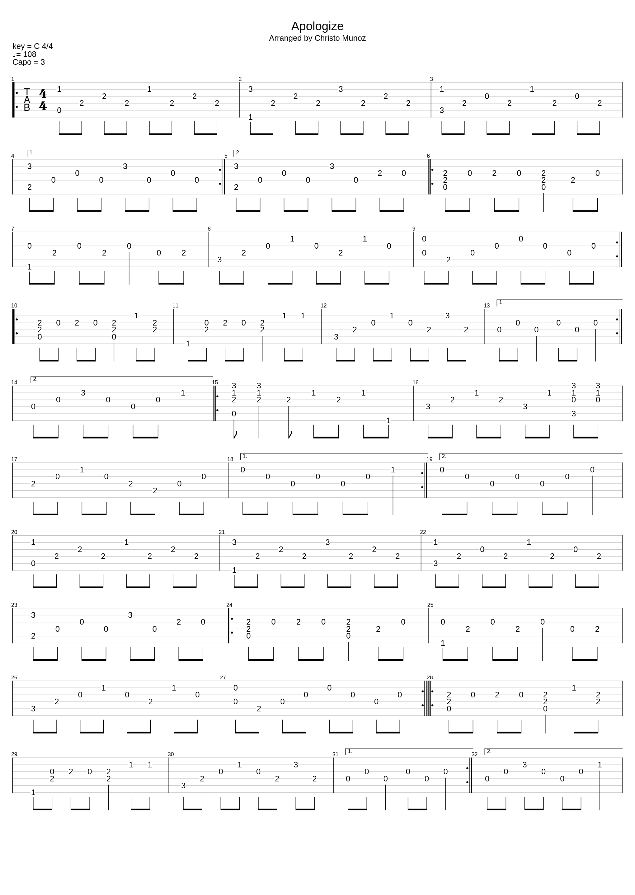 Apologize (Fingerstyle)_One Republic, Arranged By Christo Munoz_1