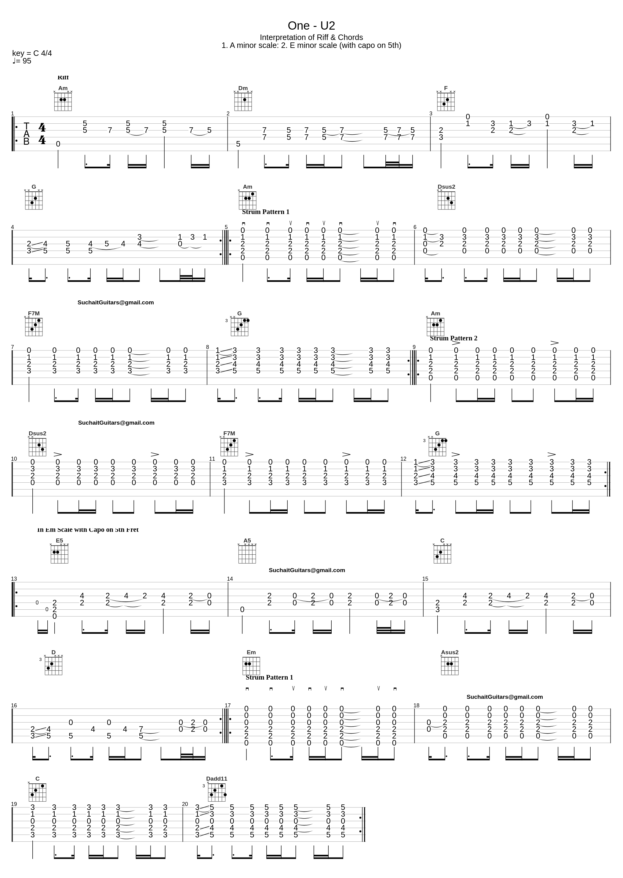 One - U2. Interpretation of Riff & Chords in A minor scale, and in E minor scale (capo on 5th)_Suchaitguitars@Gmail.Com_1