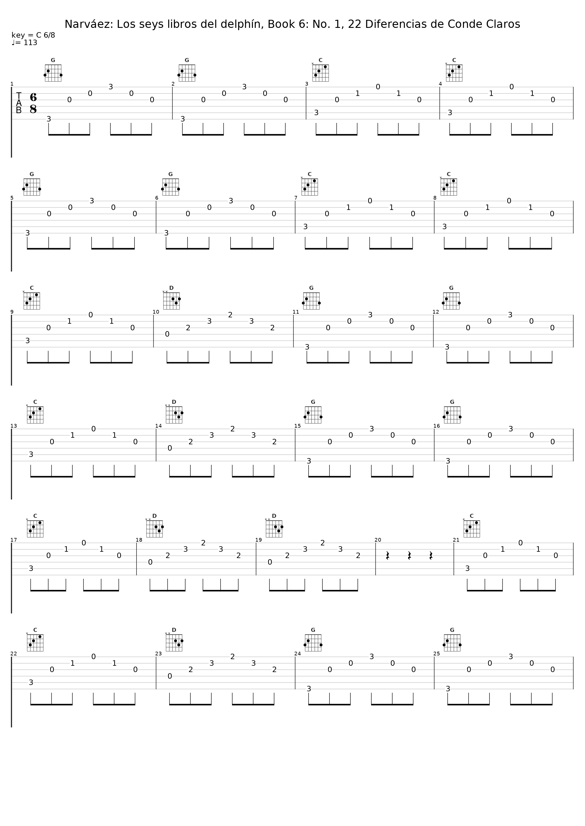 Narváez: Los seys libros del delphín, Book 6: No. 1, 22 Diferencias de Conde Claros_David Russell_1