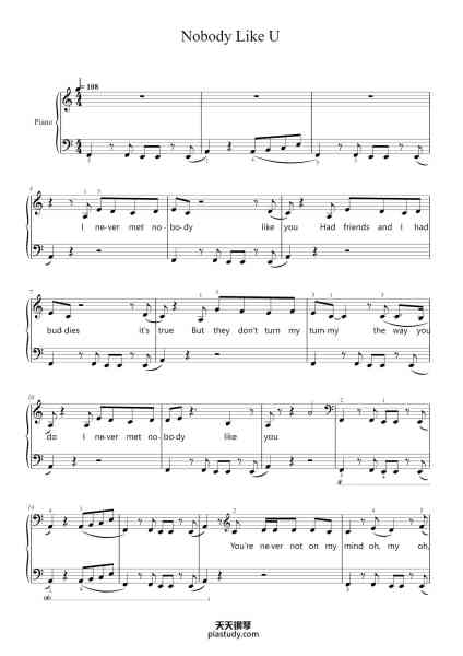 “Nobody Like U”钢琴谱-arr. Verona-免费下载-天天钢琴