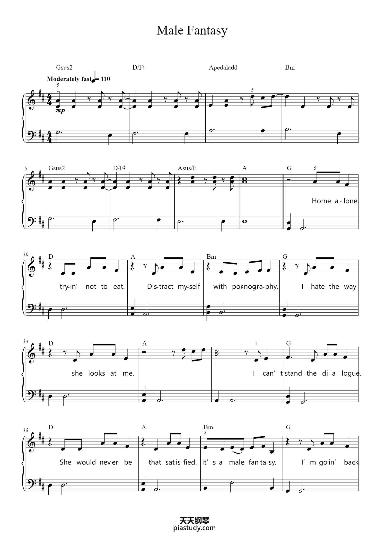 'Male Fantasy' - Piano Sheet Music By Words and Music by BILLIE EILISH ...