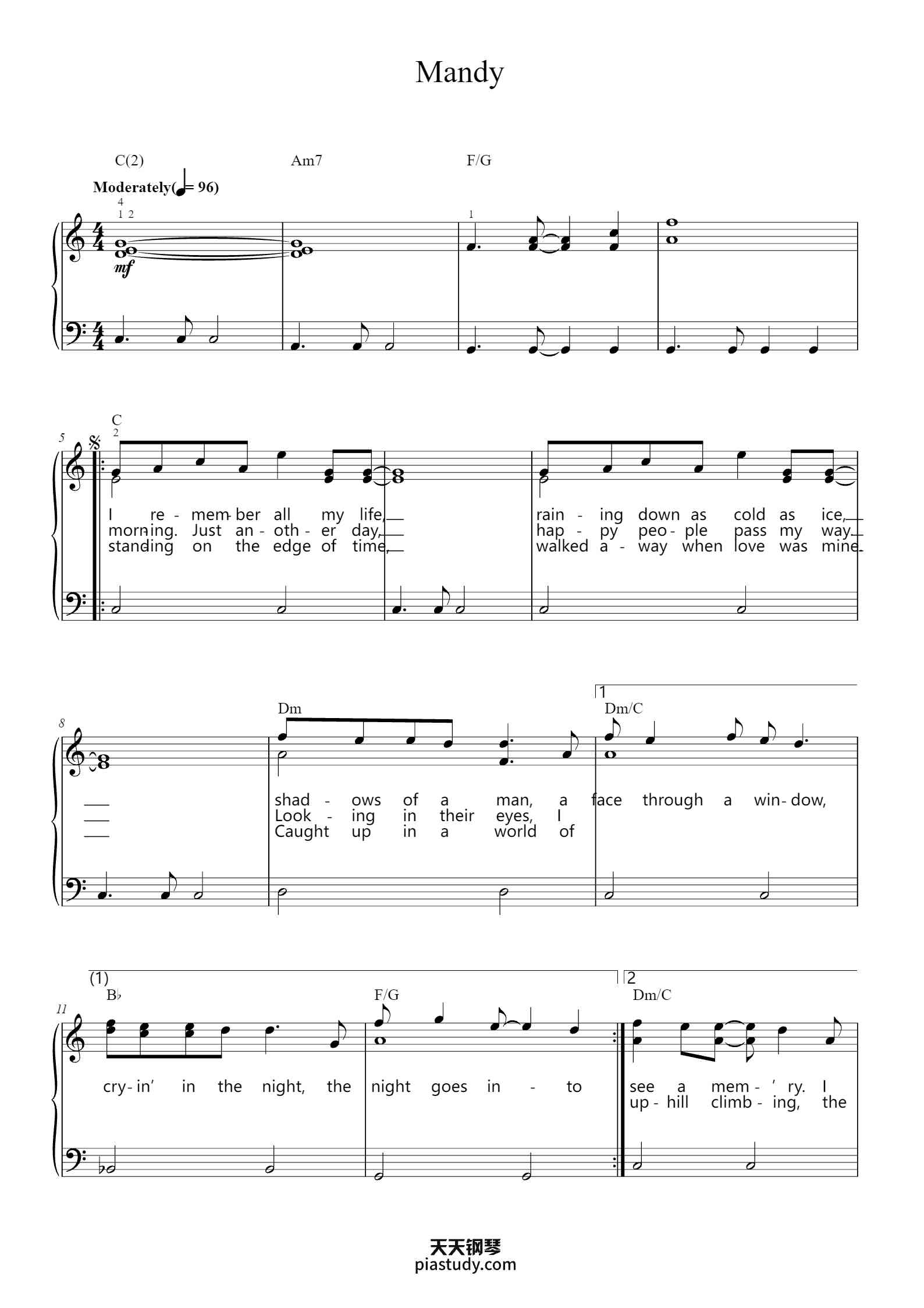 'Mandy' - Piano Sheet Music By Words and Music by SCOTT ENGLISH and ...