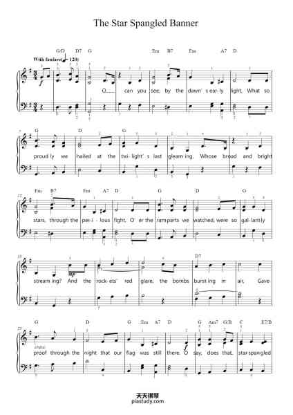 “The Star Spangled Banner”钢琴谱-Words by FRANCIS SCOTT KEY
Music by JOHN STAFFORD SMITH
Arranged by Phillip Keveren-免费下载-天天钢琴