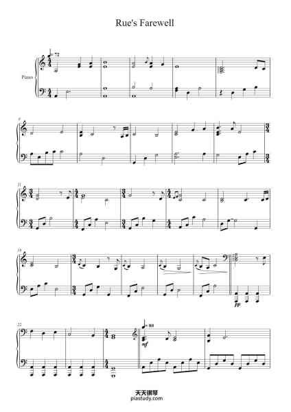 “Rue's Farewell”钢琴谱-James Newton Howard-免费下载-天天钢琴