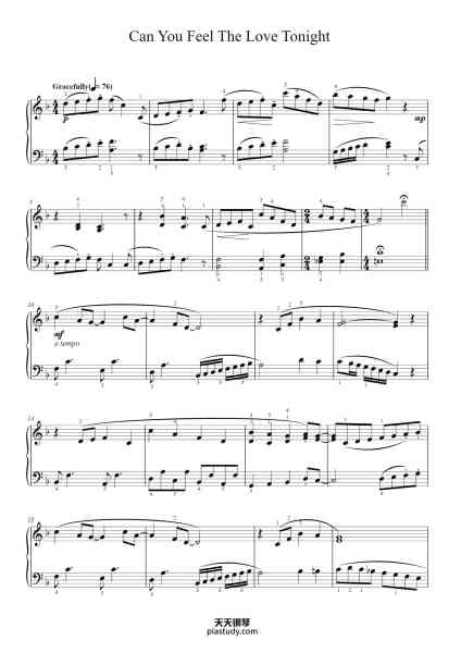 “Can You Feel The Love Tonight”钢琴谱-Music by ELTON JOHN
Lyrics by TIM RICE
Arranged by Phillip Keveren-免费下载-天天钢琴