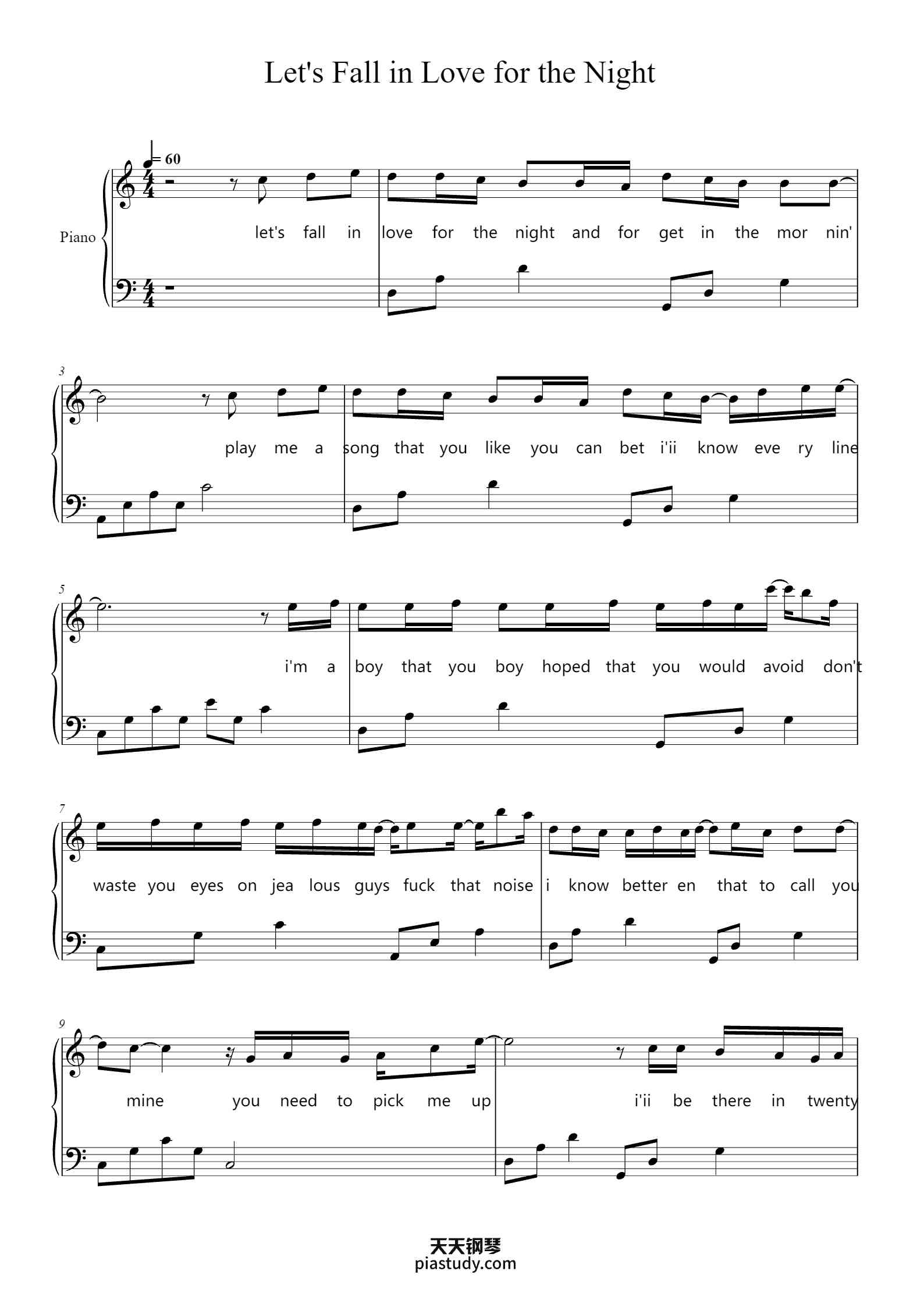 '好听易弹【Let's Fall in Love for the Night】FINNEAS' - Piano Sheet Music By ...
