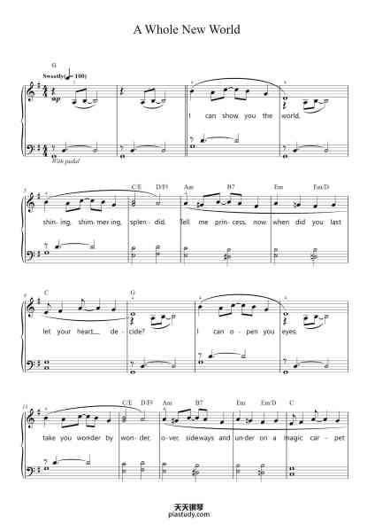 “A Whole New World”钢琴谱-Music by ALAN MENKEN
Lyrics by TIM RICE
Arranged by Phillip Keveren-免费下载-天天钢琴