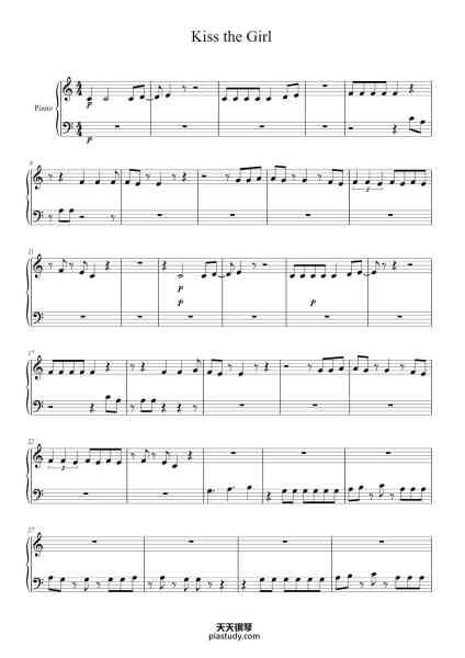 “Kiss the Girl”钢琴谱-Alan Menken-免费下载-天天钢琴