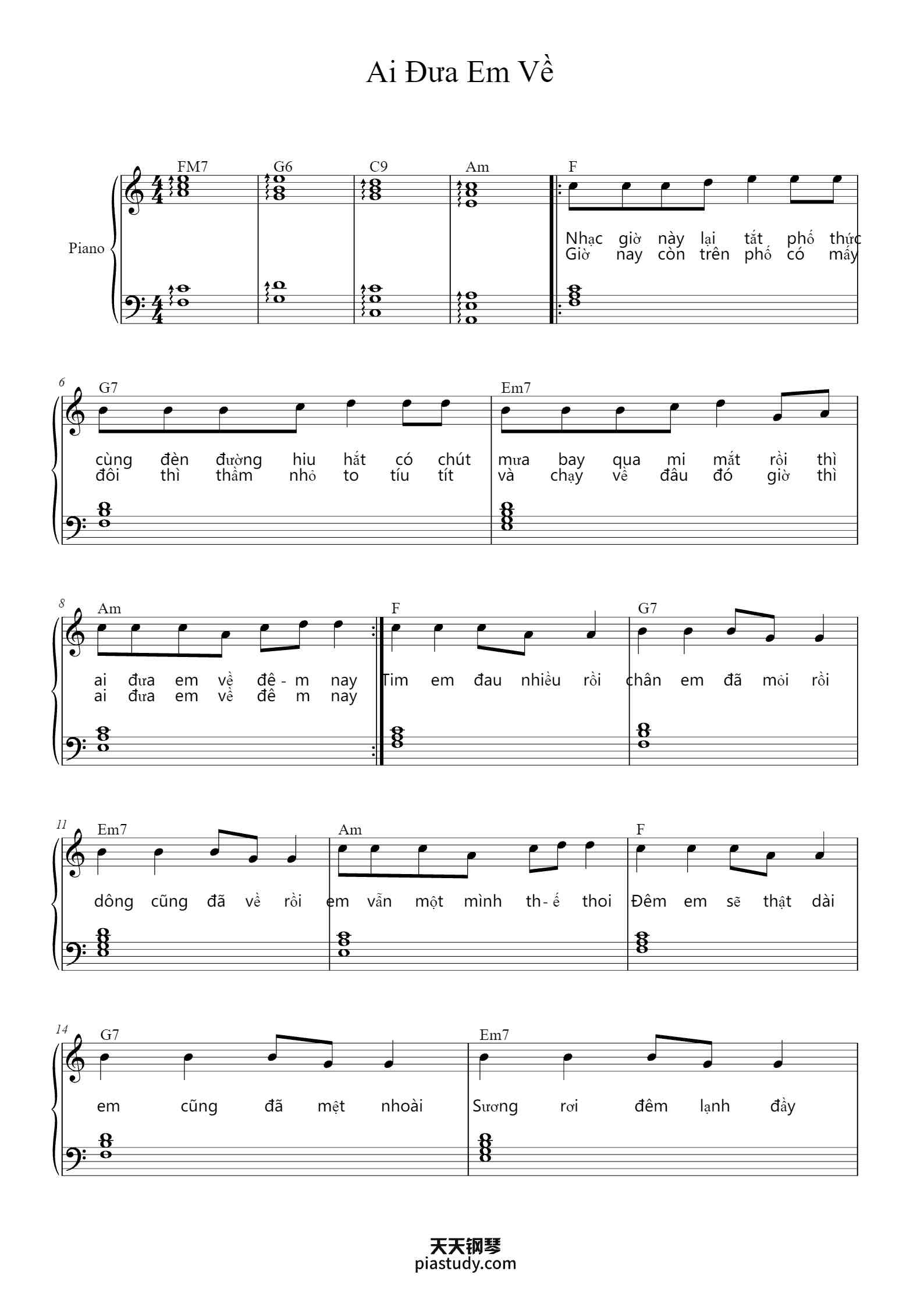 Ai Đưa Em Về钢琴谱 - TIA - free piano sheet music - PiaNoproblem