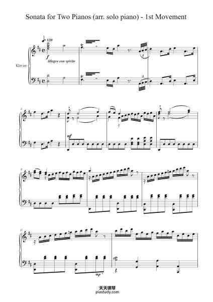 “Sonata for Two Pianos in D Major, K. 448: I. Allegro con spirito”钢琴谱-Composition: W.A. Mozart (1784) Arrangement: Simon A.N. Schmid (2016)-免费下载-天天钢琴