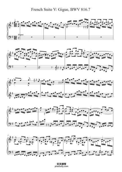 “French Suite No. 5 in G Major, BWV 816: VII. Gigue”钢琴谱-J. S. Bach-免费下载-天天钢琴