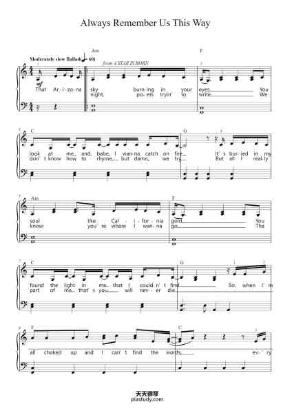 “Always Remember Us This Way”钢琴谱-Words and Music by STEFANI GERMANOTTA,
HILLARY LINDSEY, NATALIE HEMBY
and LORI McKENNA-免费下载-天天钢琴