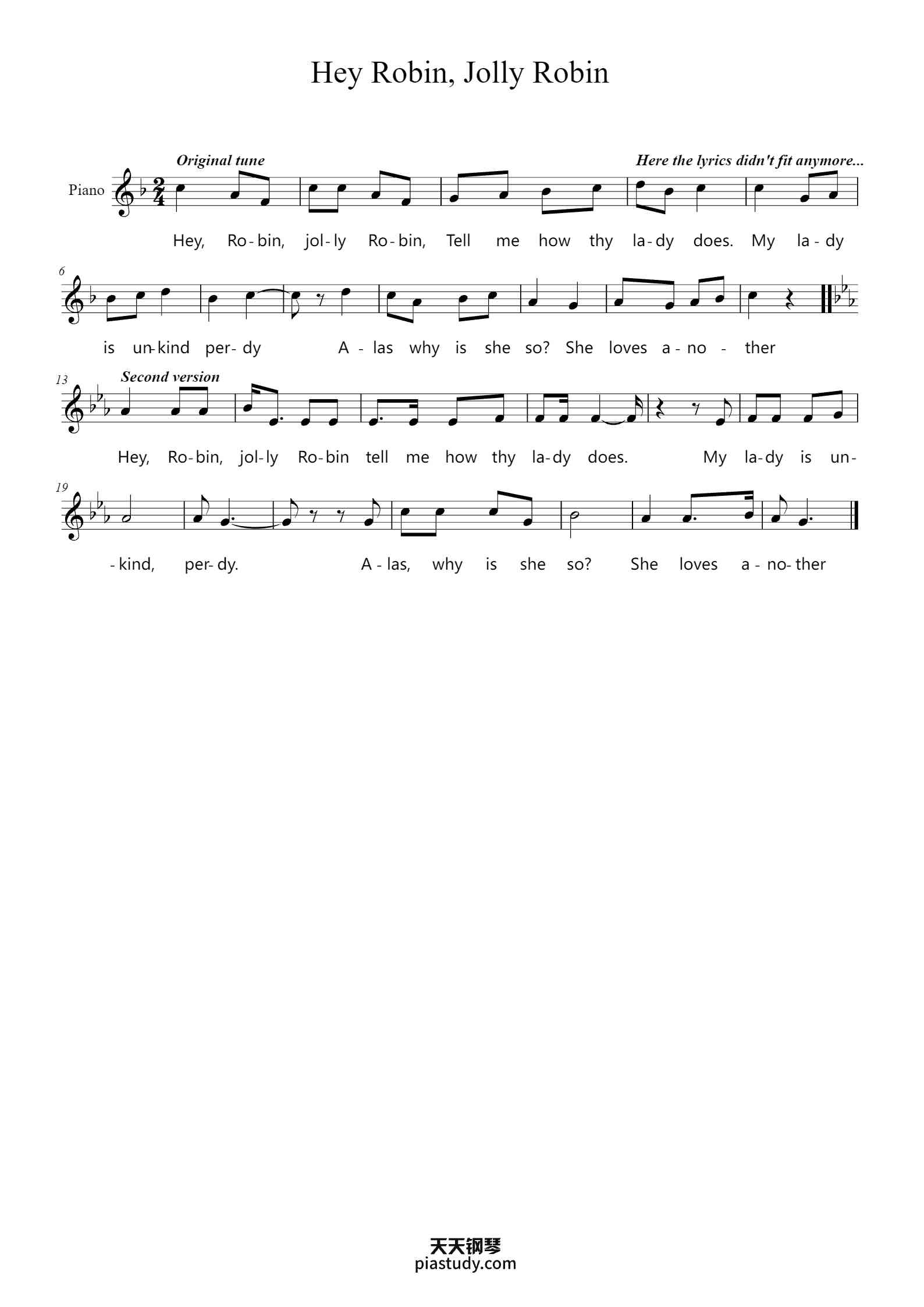 Hey Robin, Jolly Robin钢琴谱 - Sir Thomas Wyatt/Ella Larson - free piano ...