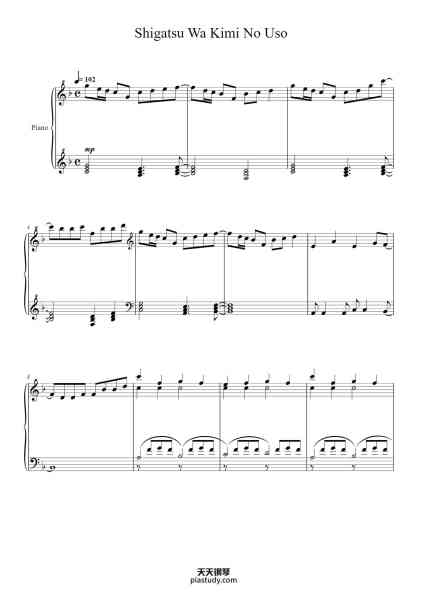 “Shigatsu Wa Kimi No Uso ~ Piano Solo”钢琴谱-Composed by Yokoyama Masaru-免费下载-天天钢琴