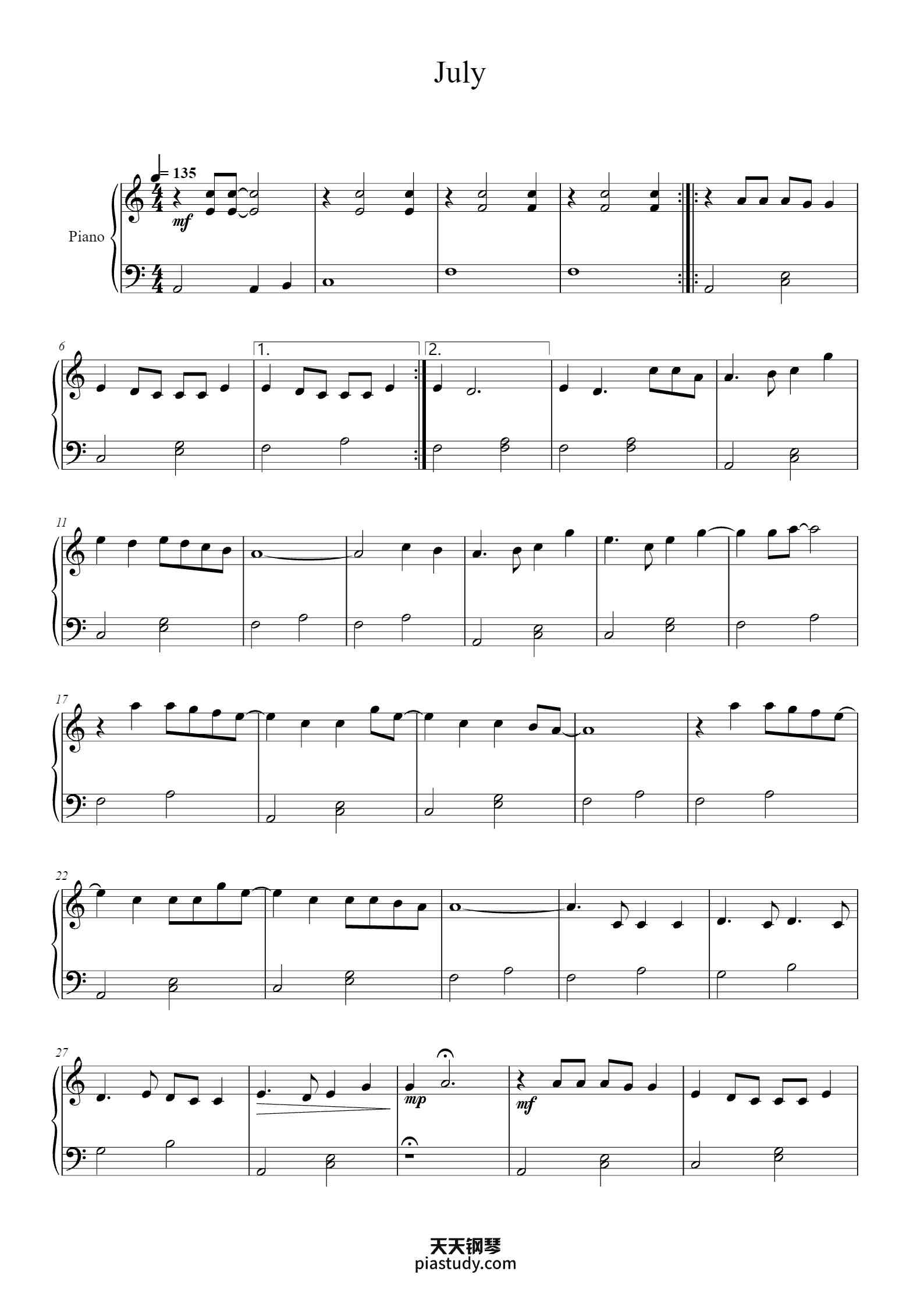 'July' - Beginner Piano Sheet Music by Noah Cyrus | TOPiano