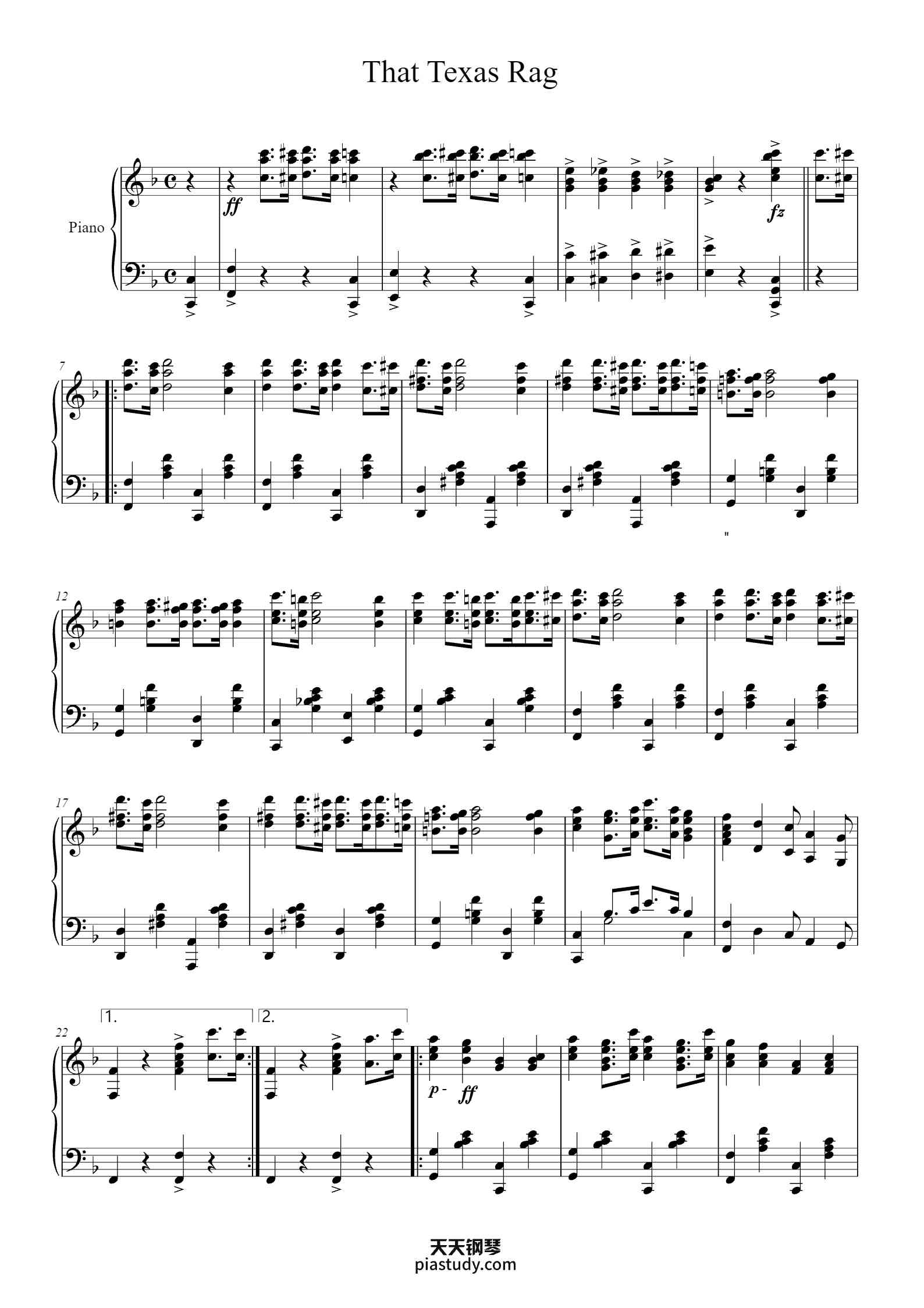 'That Texas Rag' - Piano Sheet Music By Composed by NELL WRIGHT WATSON ...