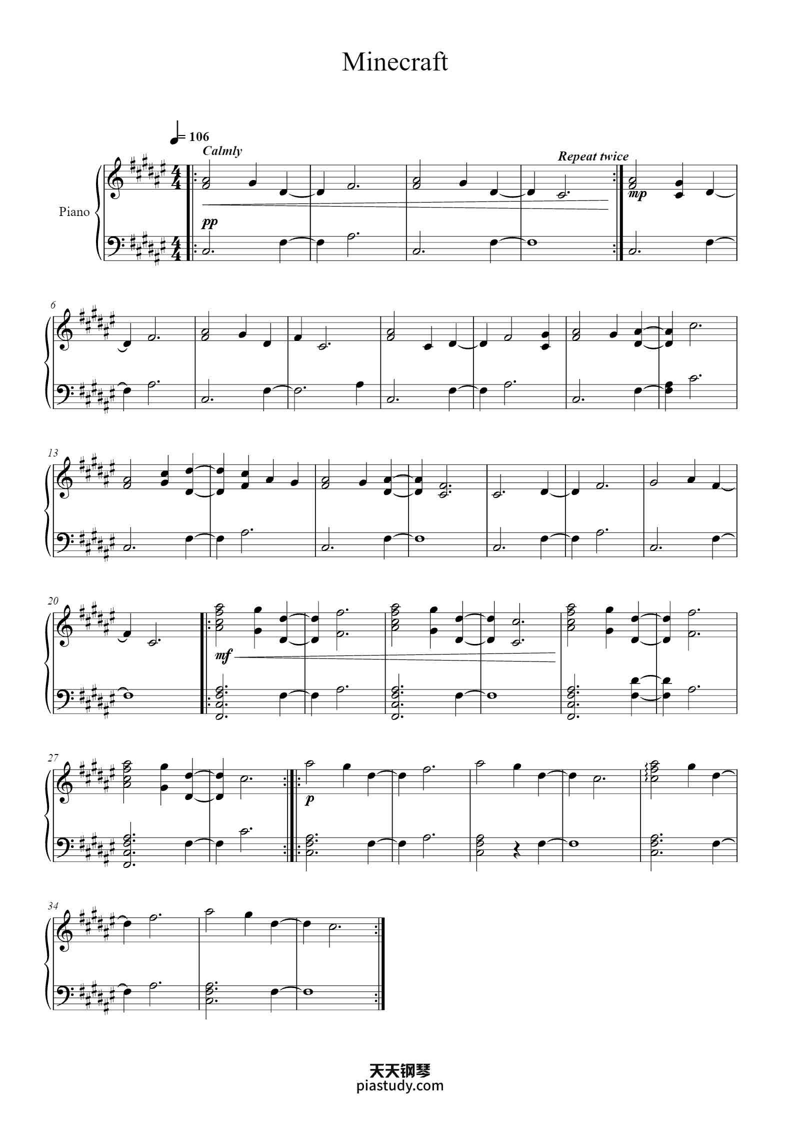 Minecraft (Title)钢琴谱 - C418 - free piano sheet music - PiaNoproblem