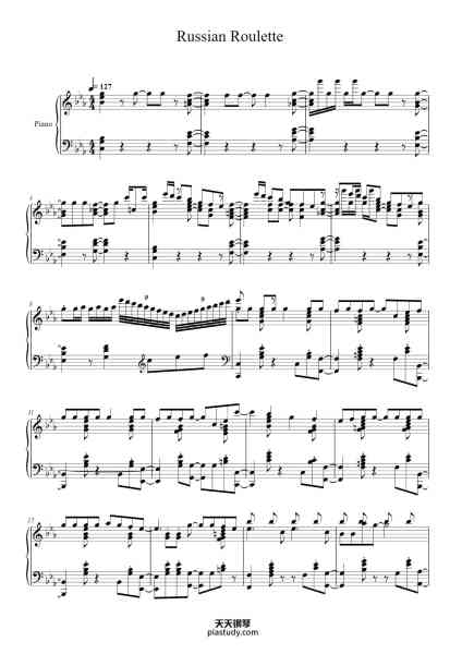 “Russian Roulette”钢琴谱-Arranged by Eric Lee YouTube.com/EricLee2-免费下载-天天钢琴
