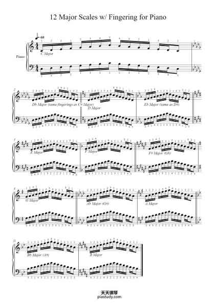 “12 Major Scales w/ Fingering for Piano”钢琴谱-Lessons - Scales-免费下载-天天钢琴