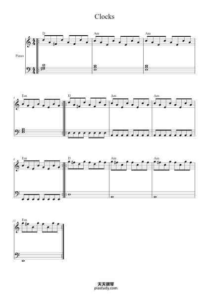 “Clocks”钢琴谱-Coldplay-免费下载-天天钢琴