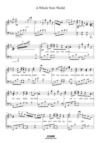 “A Whole New World”钢琴谱-composer:Alan Menken-免费下载-天天钢琴