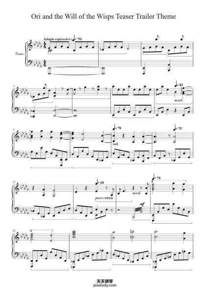 “Ori and the Will of the Wisps Teaser Trailer Theme”钢琴谱-Composed by: Gareth Coker Original arrangement: Nadav Schneider-免费下载-天天钢琴