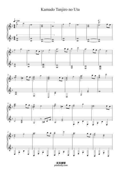 “Kamado Tanjiro no Uta”钢琴谱-Arranged for 
intermediate level 
By Erma Lee-免费下载-天天钢琴