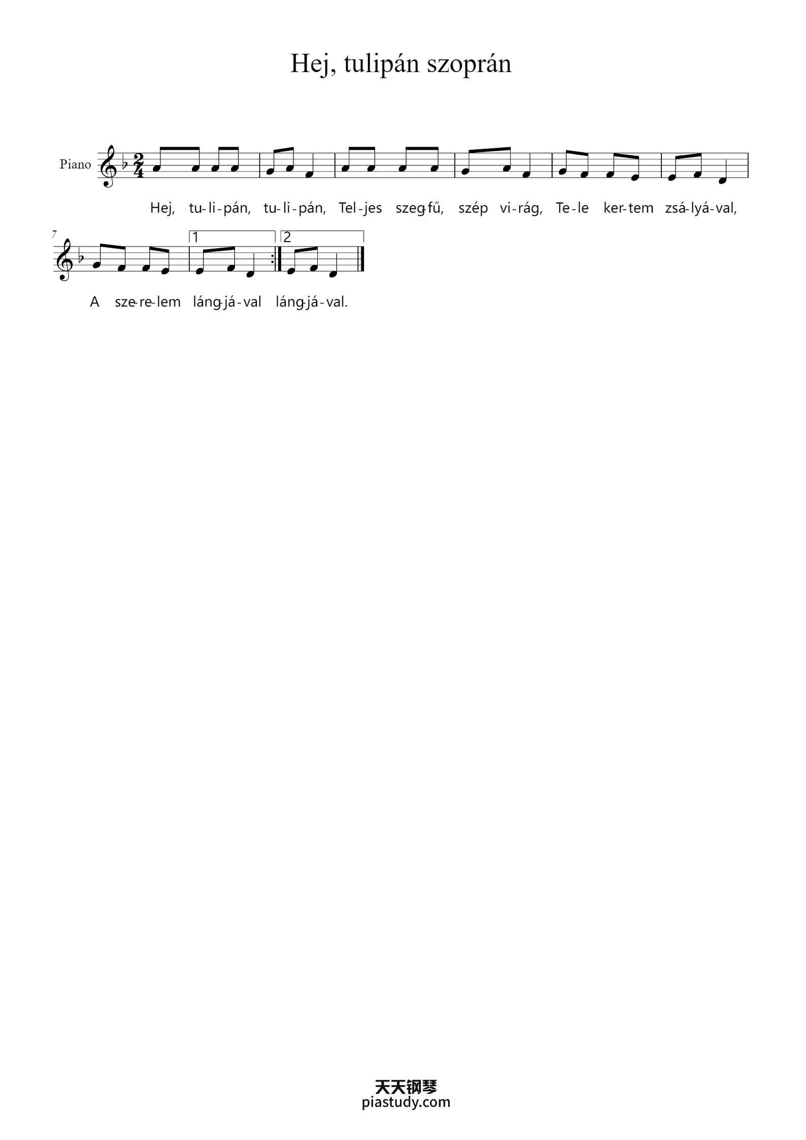 'Hej, tulipán szoprán' - Piano Sheet Music By Kodály Zoltán | TOPiano