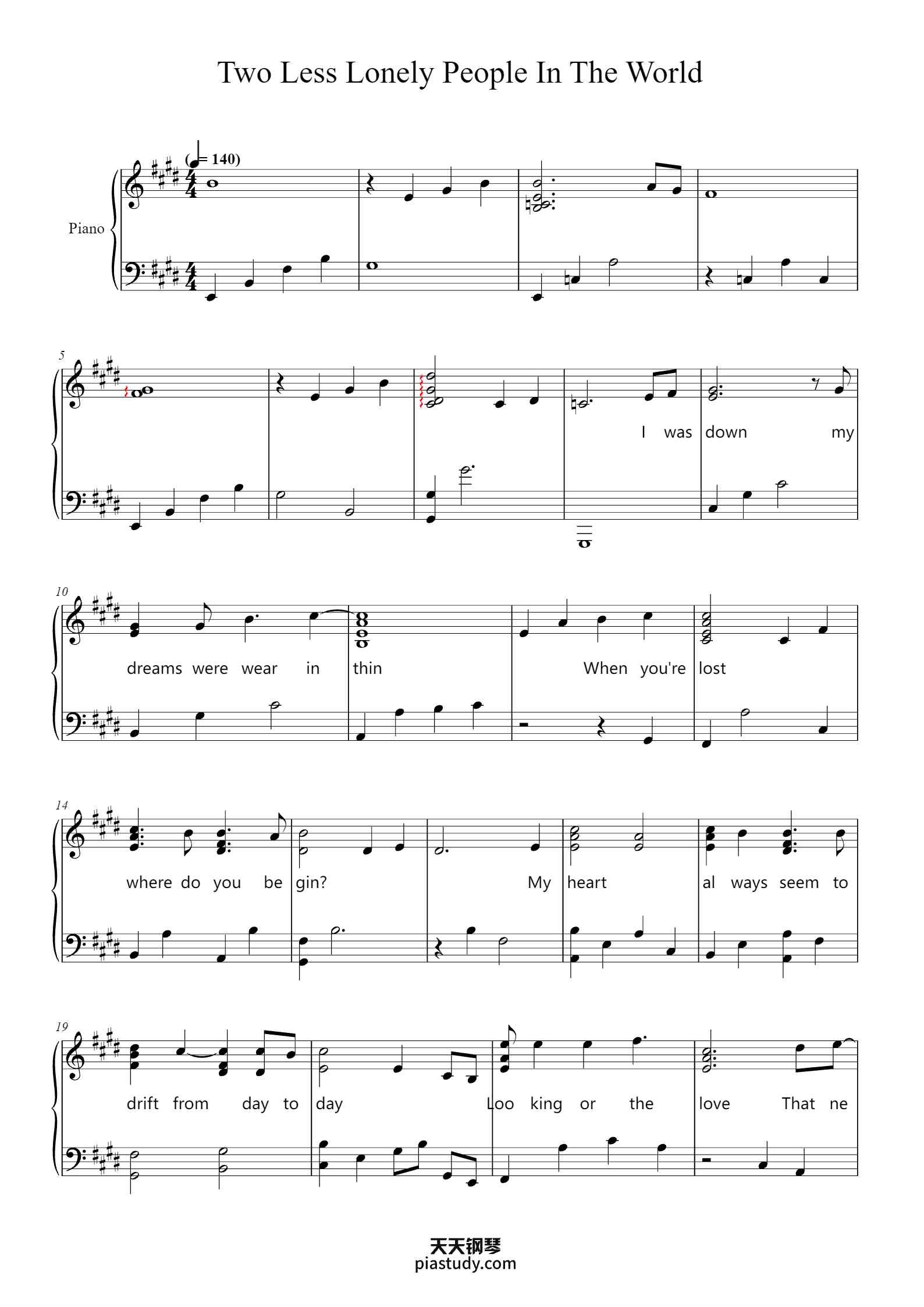'Two Less Lonely People In The World' - Piano Sheet Music By Howard ...