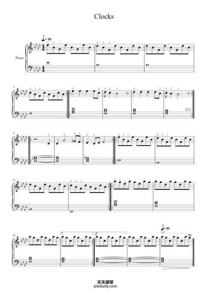 “Clocks”钢琴谱-Coldplay-免费下载-天天钢琴