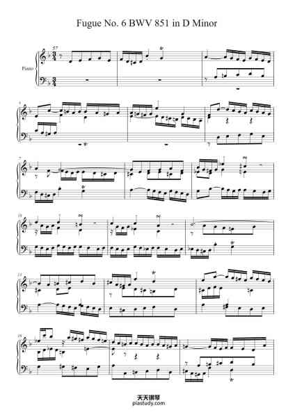 “Fugue No. 6 in D Minor, BWV 851”钢琴谱-Johann Sebastian Bach
(1685 - 1750)-免费下载-天天钢琴