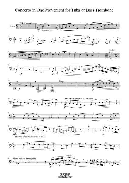 “Concerto in One Movement for Tuba or Bass Trombone”钢琴谱-Rearranged and edited by Allen Ostrander-免费下载-天天钢琴
