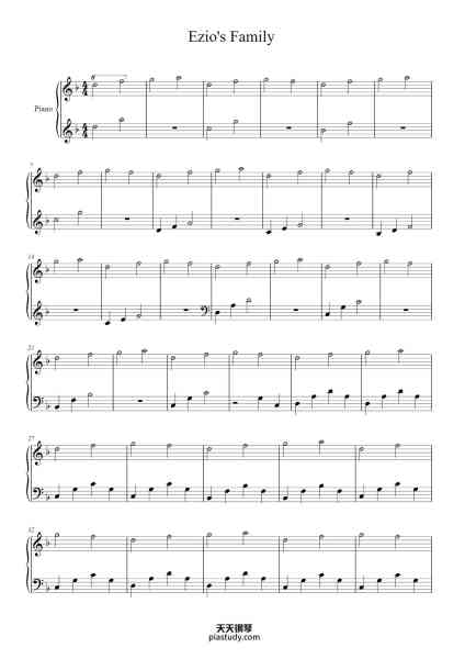 “Ezio's Family”钢琴谱-Jesper Kyd
Arranged by Mackenzie Gilbertson
Note:  There is a pedal which lifts when the key changes; e.g., from Dm to Cmaj.         -免费下载-天天钢琴
