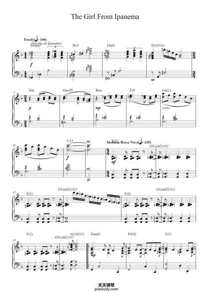 “The Girl From Ipanema”钢琴谱-Music by ANTONIO CARLOS JOBIM
English Words by NORMAN GIMBEL
Original Words by VINICIUS DE MORAES-免费下载-天天钢琴