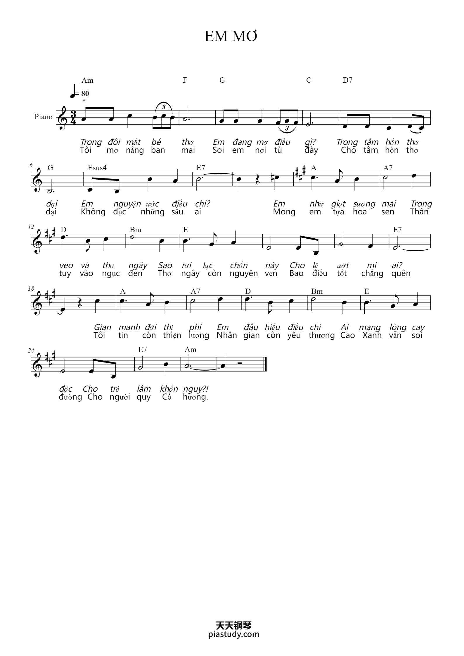 EM MƠ钢琴谱 - Sharptwain Ralphcam - free piano sheet music - PiaNoproblem