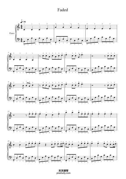 “Faded- Easy Piano with Fingering”钢琴谱-Alan Walker-免费下载-天天钢琴