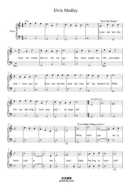 “Elvis Medley”钢琴谱-As Sung By Elvis Presley Arranged By: Naomi Van Tassell-免费下载-天天钢琴