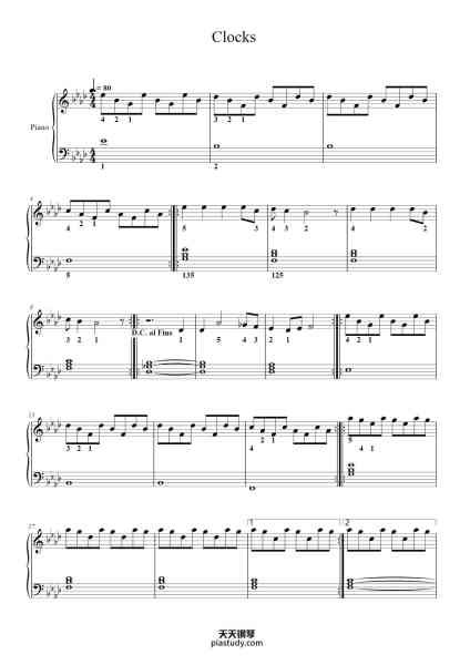 “Clocks”钢琴谱-Coldplay-免费下载-天天钢琴