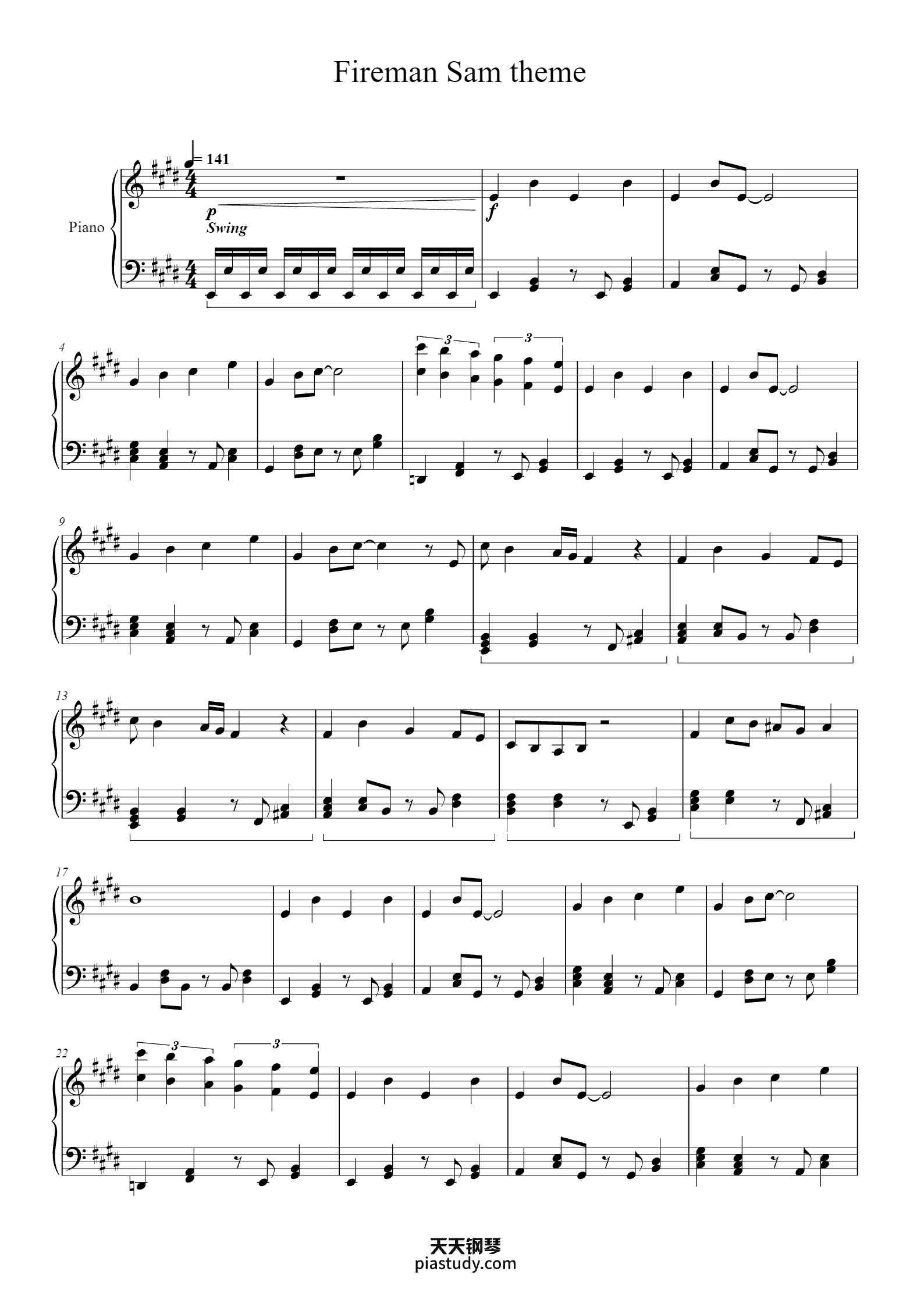 Fireman Sam Theme Misc Television Free Piano Sheet Music Fireman Sam Theme Misc Television Free Piano Sheet Music