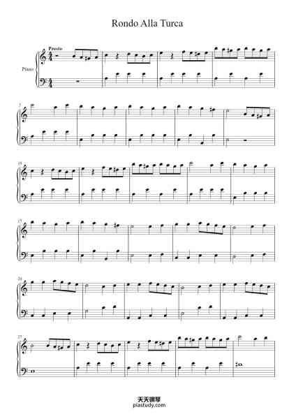 “Rondo Alla Turca "Turkish March" - Easy Version”钢琴谱-Wolfgang Amadeus Mozart-免费下载-天天钢琴