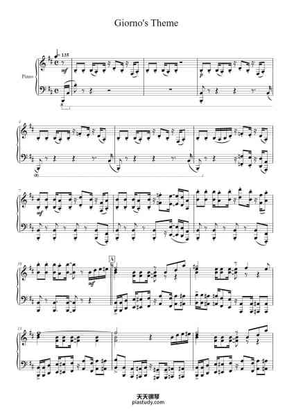 “Giorno's Theme”钢琴谱-Original Music by Yugo Kanno
Arranged by Animenz-免费下载-天天钢琴