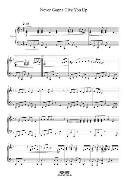 “Never Gonna Give You Up”钢琴谱-composed by stock aiten waterman
 but performed by rick astley
 but arranged by Tiger Jr.-免费下载-天天钢琴