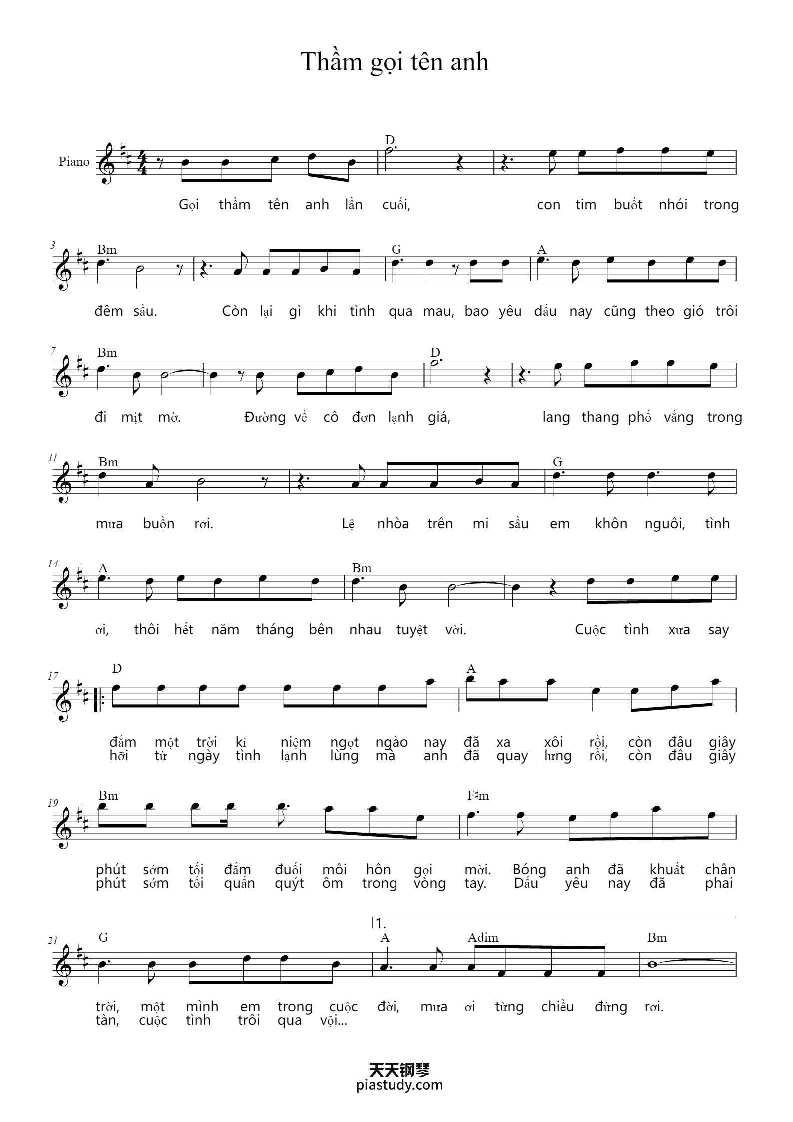 'Thầm gọi tên anh' - Piano Sheet Music By Lời Việt: Nhật Ngân | TOPiano