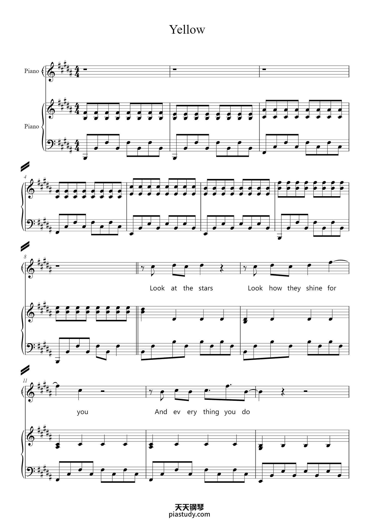 Yellow【原调弹唱附词】泽大大 Coldplay钢琴谱 - Coldplay - free piano sheet music ...