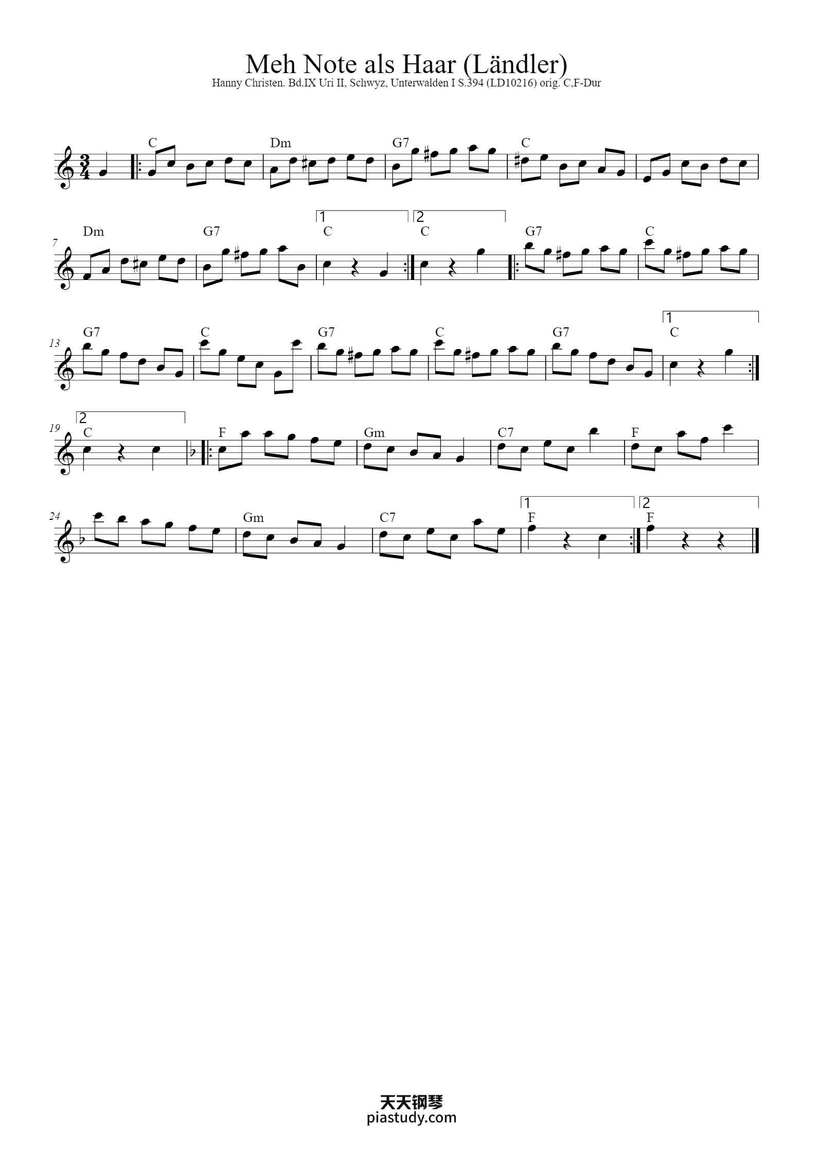 Meh Note als Haar (Ländler)钢琴谱 - - free piano sheet music - PiaNoproblem