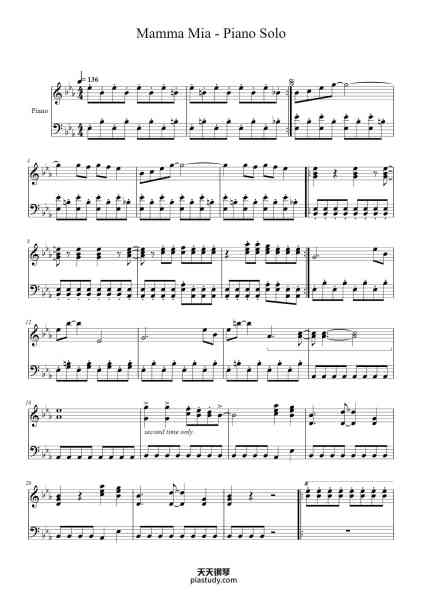 “Mamma Mia - Piano Solo”钢琴谱-ABBA Arr. Tanishqa Sinha ReArr. Rick Rijpers-免费下载-天天钢琴